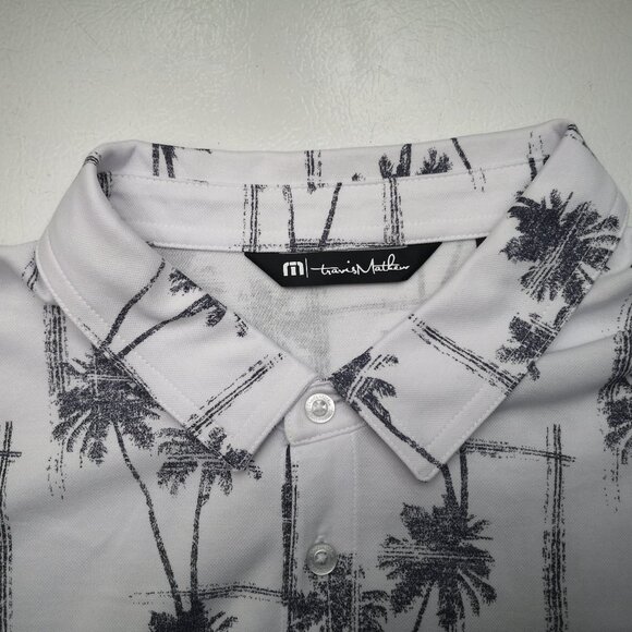 Travis Mathews Men's Size XXL White w/ Grey Palm Trees Straight Fit Polo - Picture 4 of 11